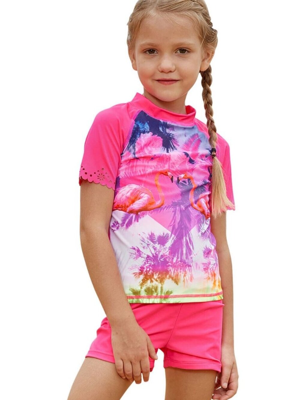 Girls Pink Flamingo Little Kid Tankini Swim Short Sleeve 2 PC Swimsuit Set
